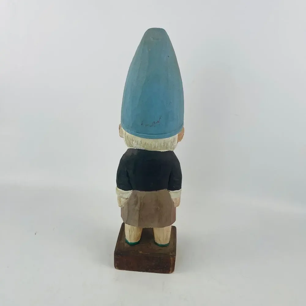 Hand-Carved Wooden Gnome Tall Blue Hat White Beard 12 1/2’
